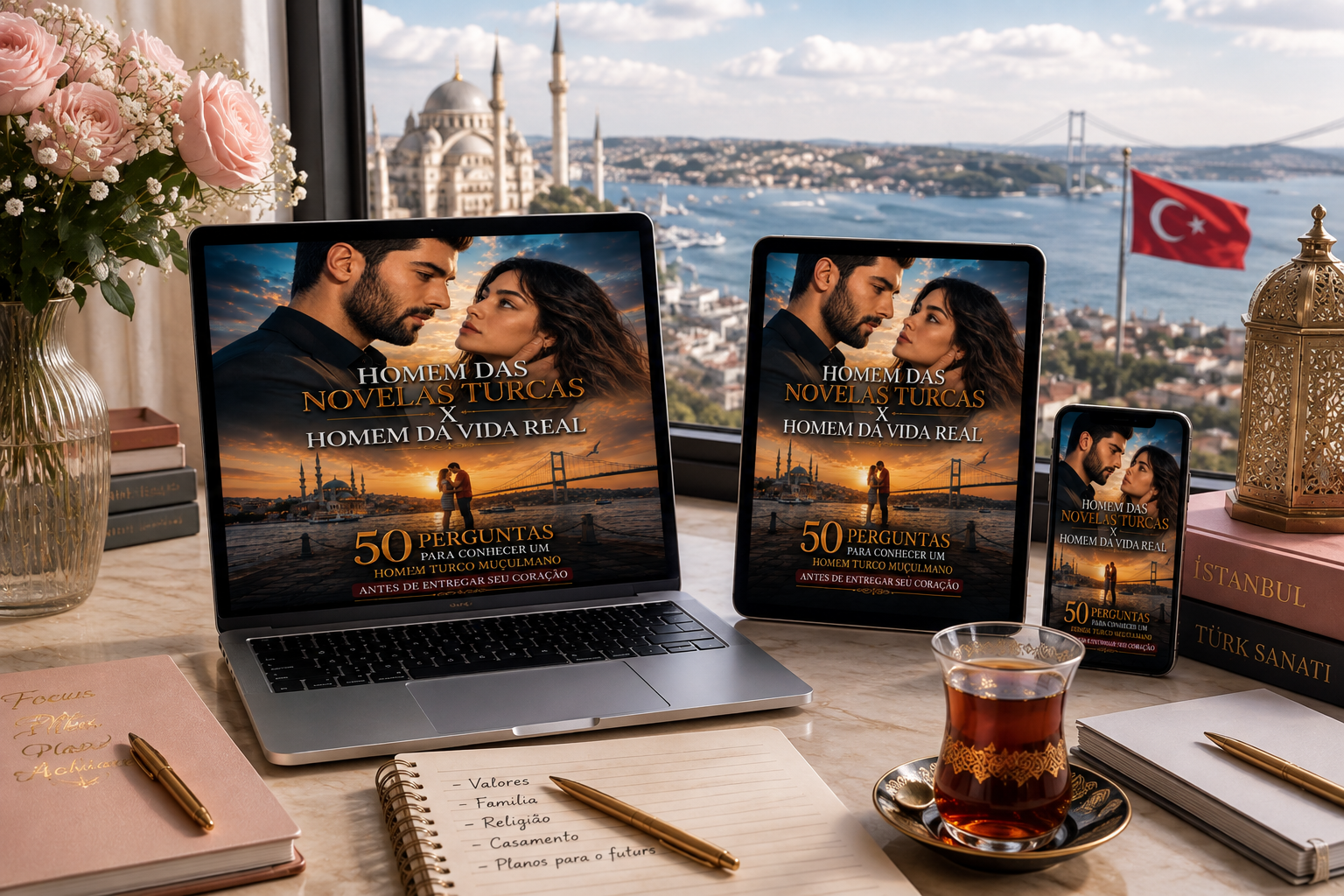 Mockup do e-book em laptop, tablet e celular sobre vista de Istambul
